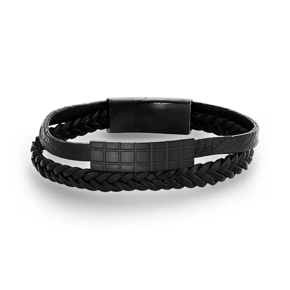 Pulseira Life Trançada em Couro Preto com Aço — imagem 1