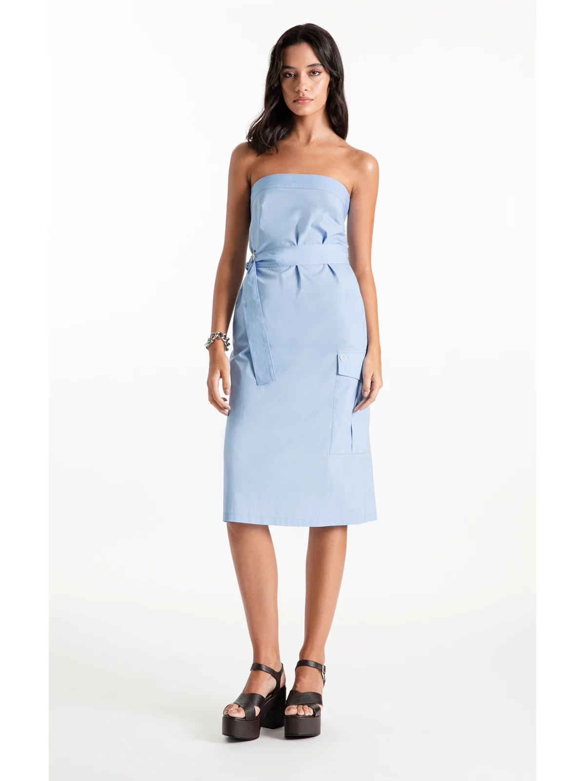 Vestido Tricoline Strapless Knee Azul Claro — imagem 1