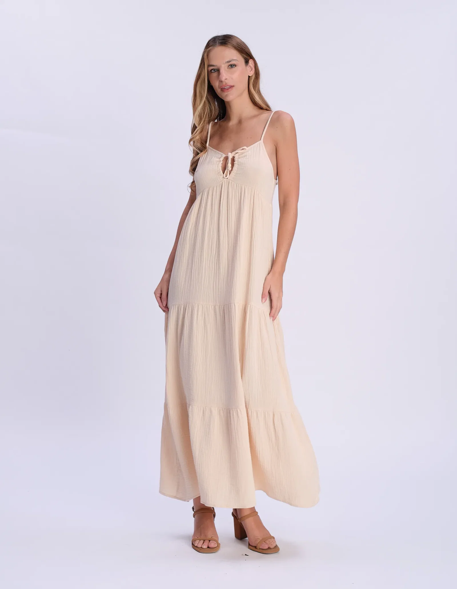 Vestido Longo Detalhe Busto Amarração - Areia — imagem 1