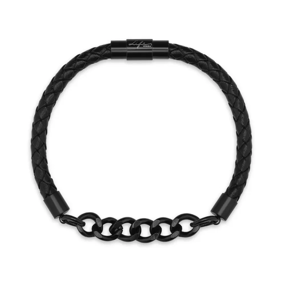 Pulseira Life Trançada I em Couro Preto com Aço