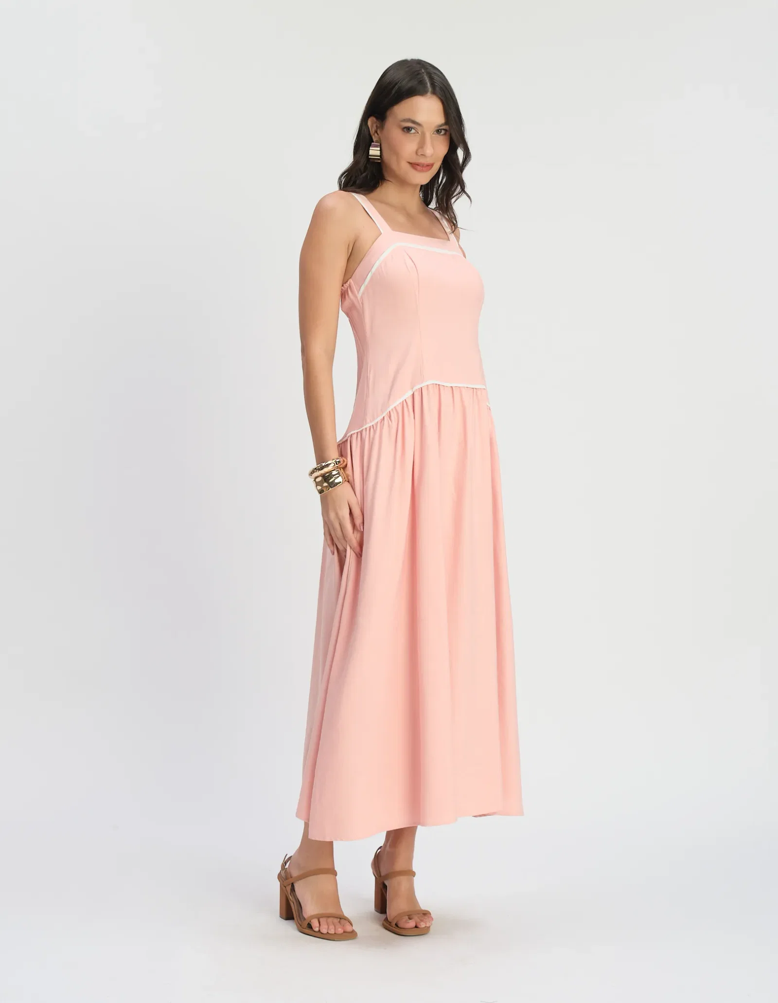 Vestido Longo Cintura Deslocada Vivos - Rosa — imagem 1