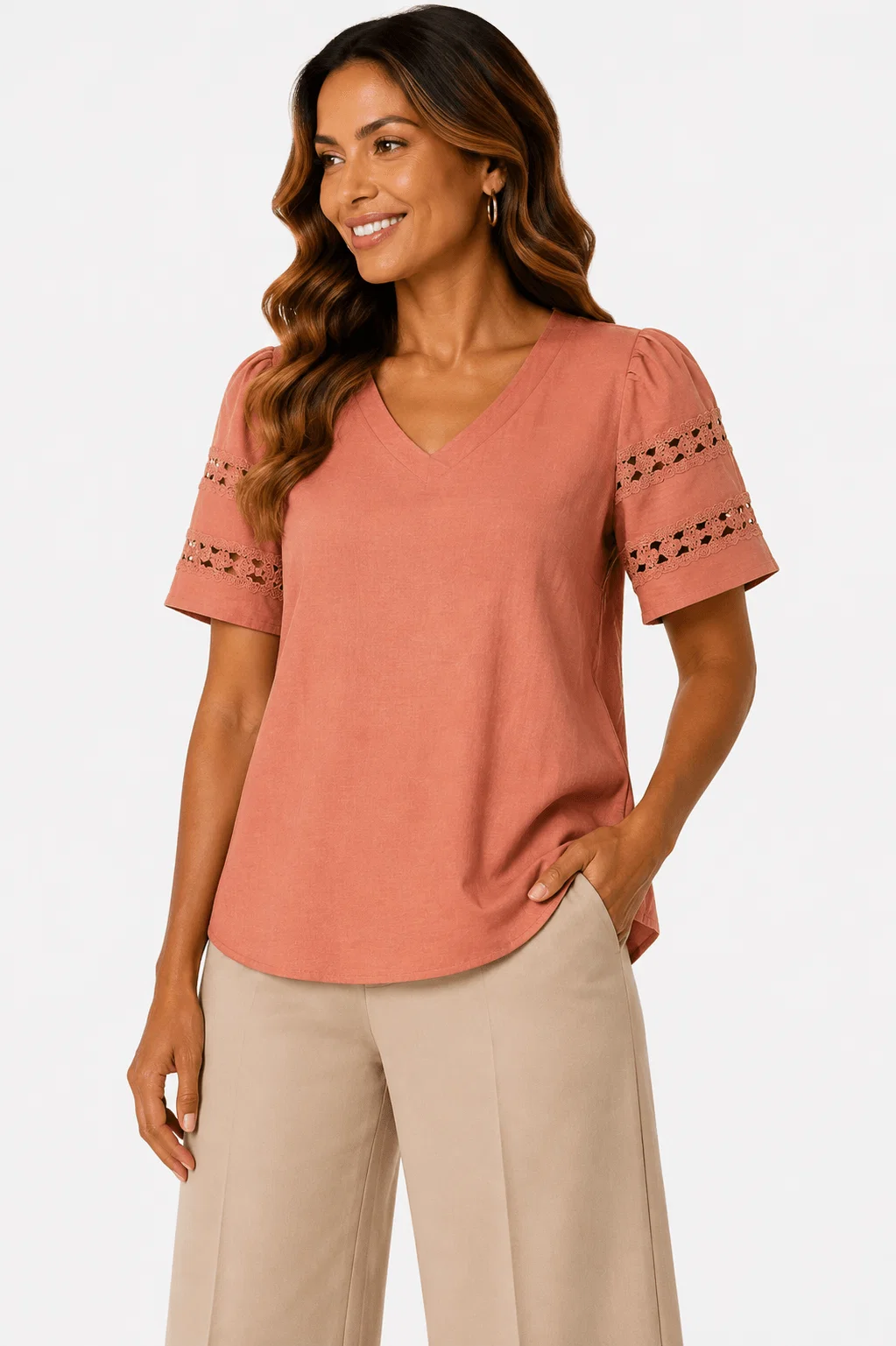 Blusa Manga Curta Detalhe Recortes Renda - Pessego