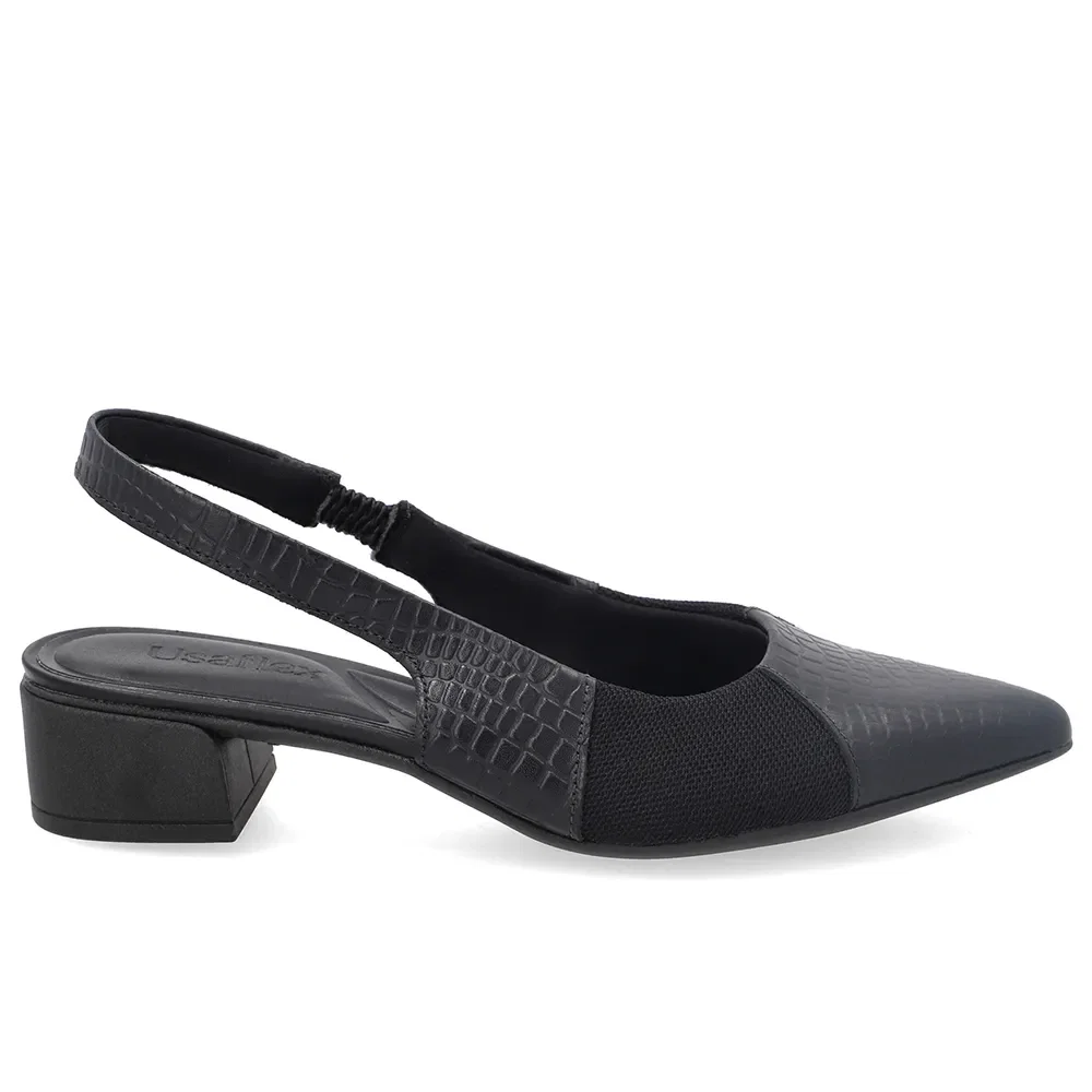 Slingback Em Couro Mini Croco Preto Com Tecido