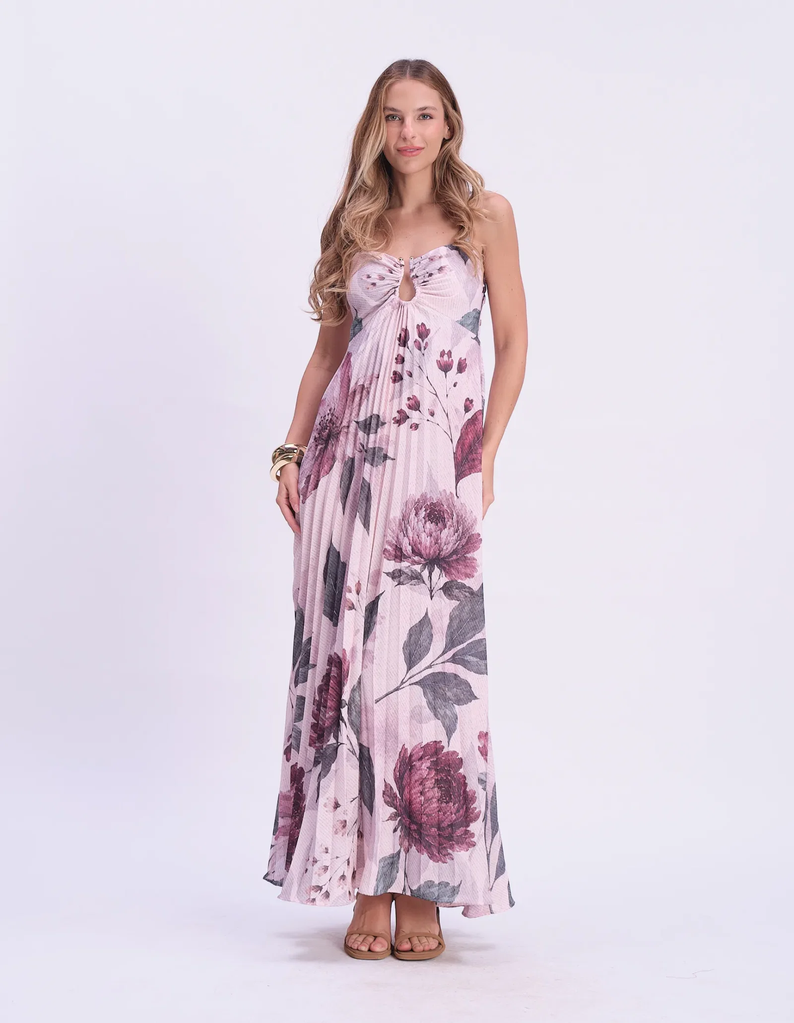 Vestido Longo Plissado Estamp Floral - Rosa