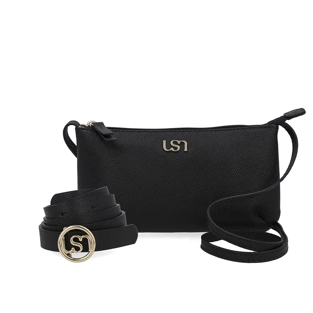 Kit Bolsa Tiracolo Cinto Couro Preto