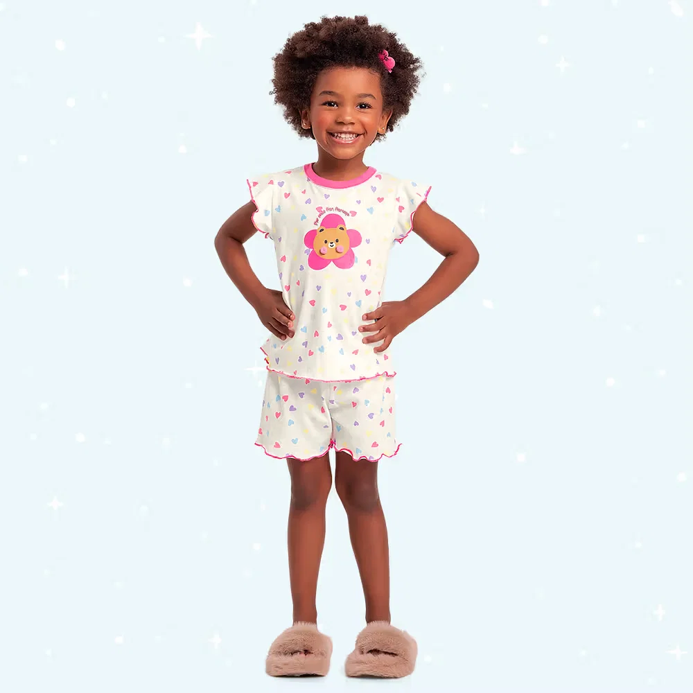 Conjunto pijama infantil blusa e short corações pom pom brilha no escuro — imagem 1