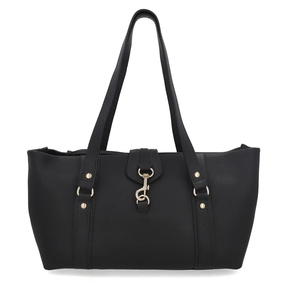 Bolsa Shopper Couro Preta Zíper Mosquetão