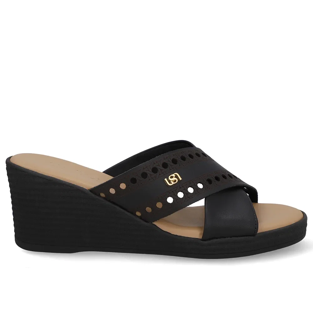 Tamanco Salto Anabela Couro Preto Laser — imagem 1