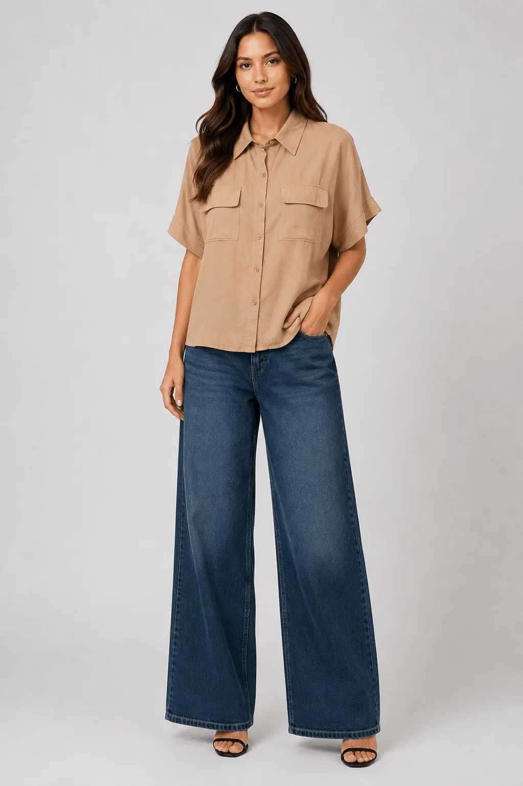 Blusa Manga Curta Com Bolsos - Caqui