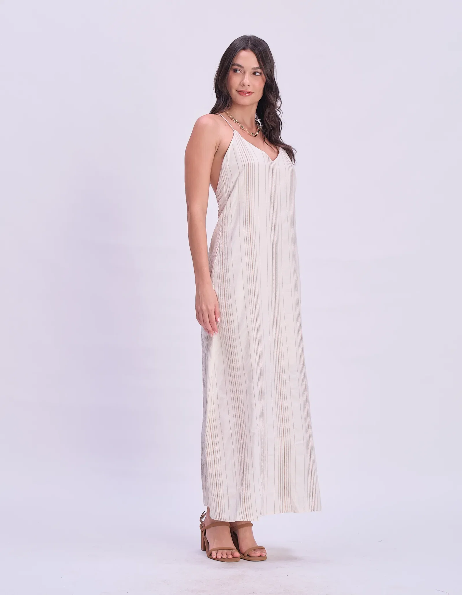 Vestido Longo Listrado Alças Finas - Off White C/ Caqui