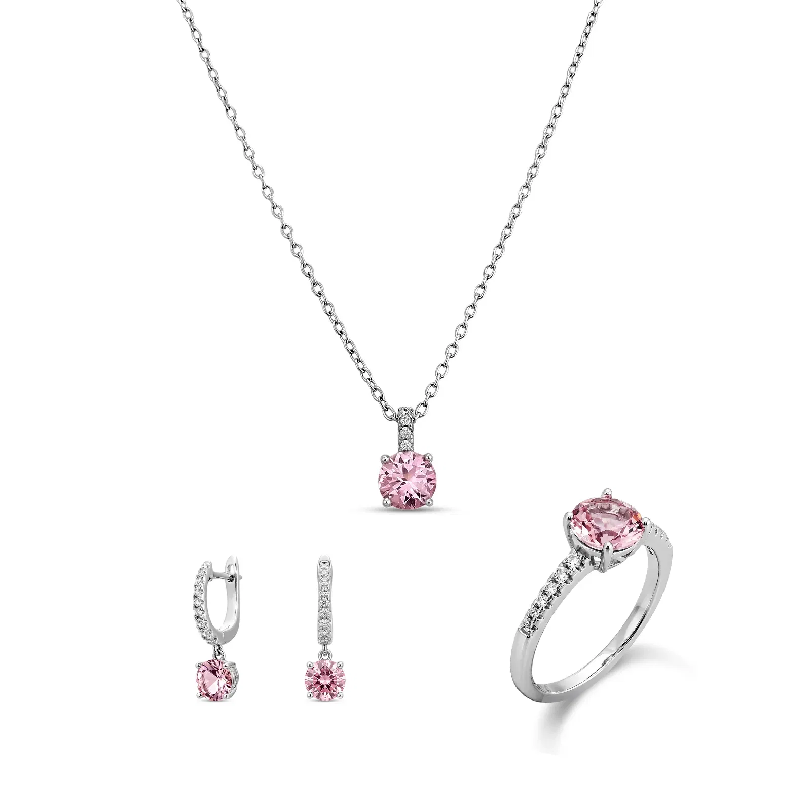 Kit Life Nuance Anel + Brinco + Colar em Prata 925 com Zircônia Rosa e Incolor — imagem 1