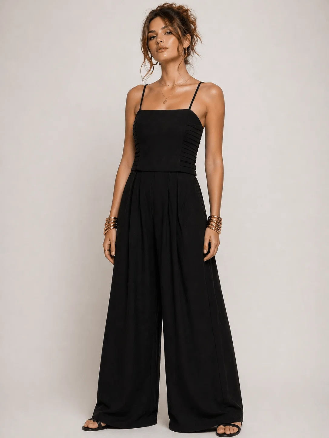Blusa Alça Fina Detalhe Pregas - Preto