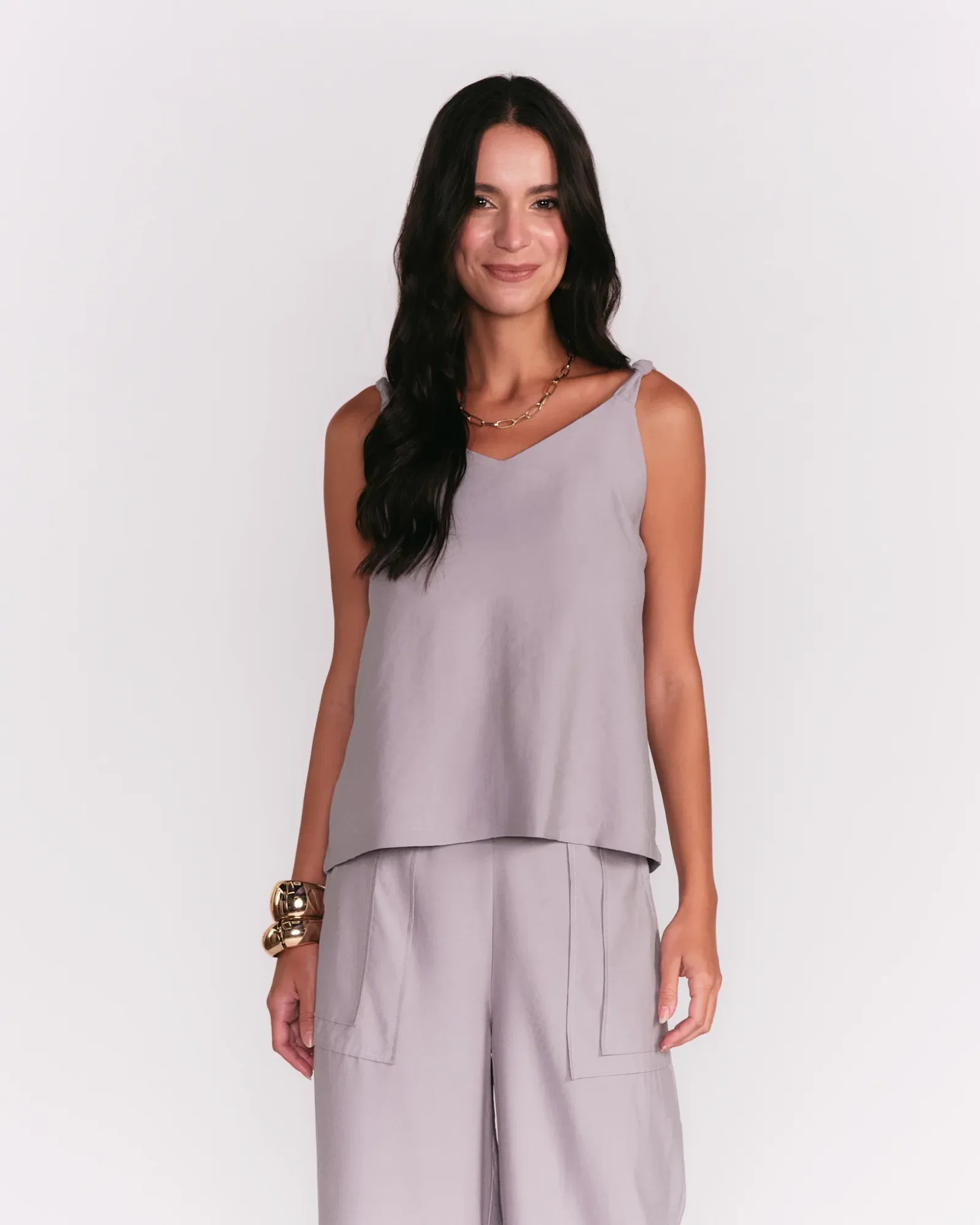 Blusa Alça Fina Detalhe Nó - Cinza