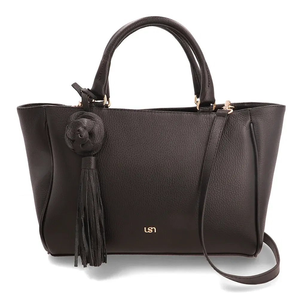 Bolsa Tote Couro Preta Com Charm Flor