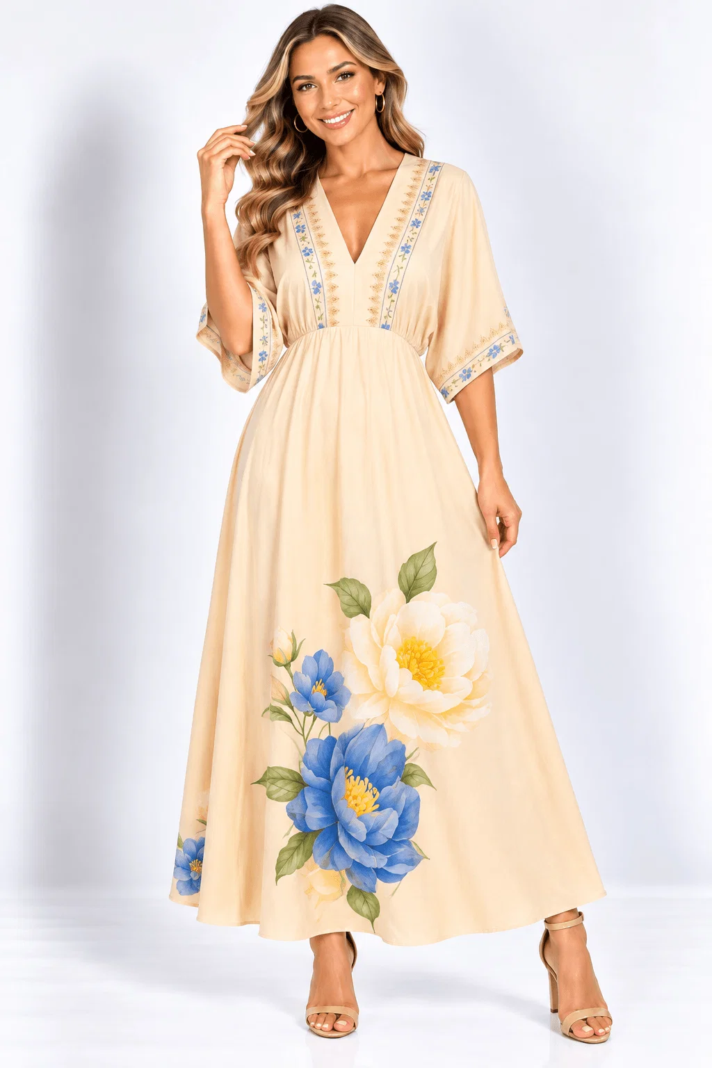 Vestido Longo Estampado Flor Pôr do Sol - Areia — imagem 1