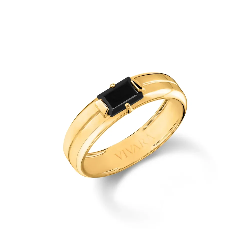 Anel Black Iron Man em Ouro Amarelo 18k e Quartzo Negro