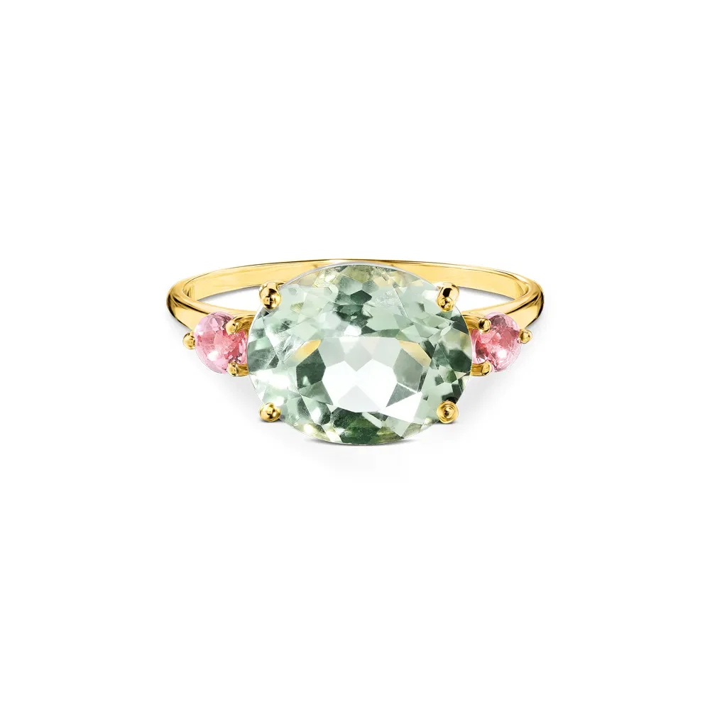 Anel Pietre em Ouro Amarelo 18k com Prasiolita e Turmalinas Rosa — imagem 1