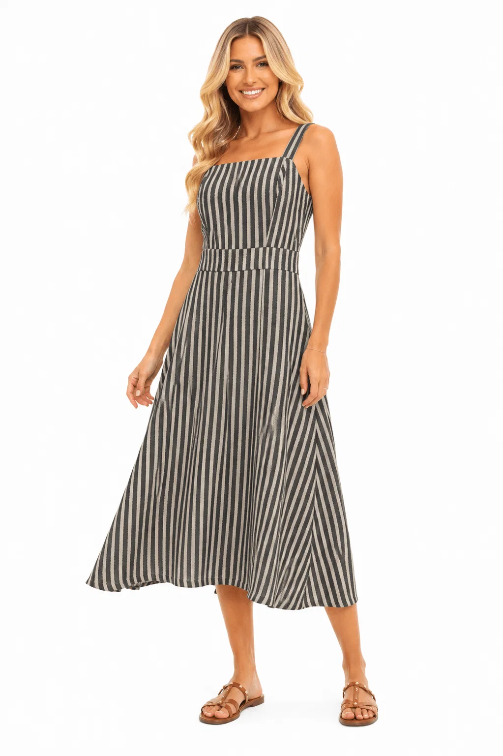Vestido Midi Listrado - Preto