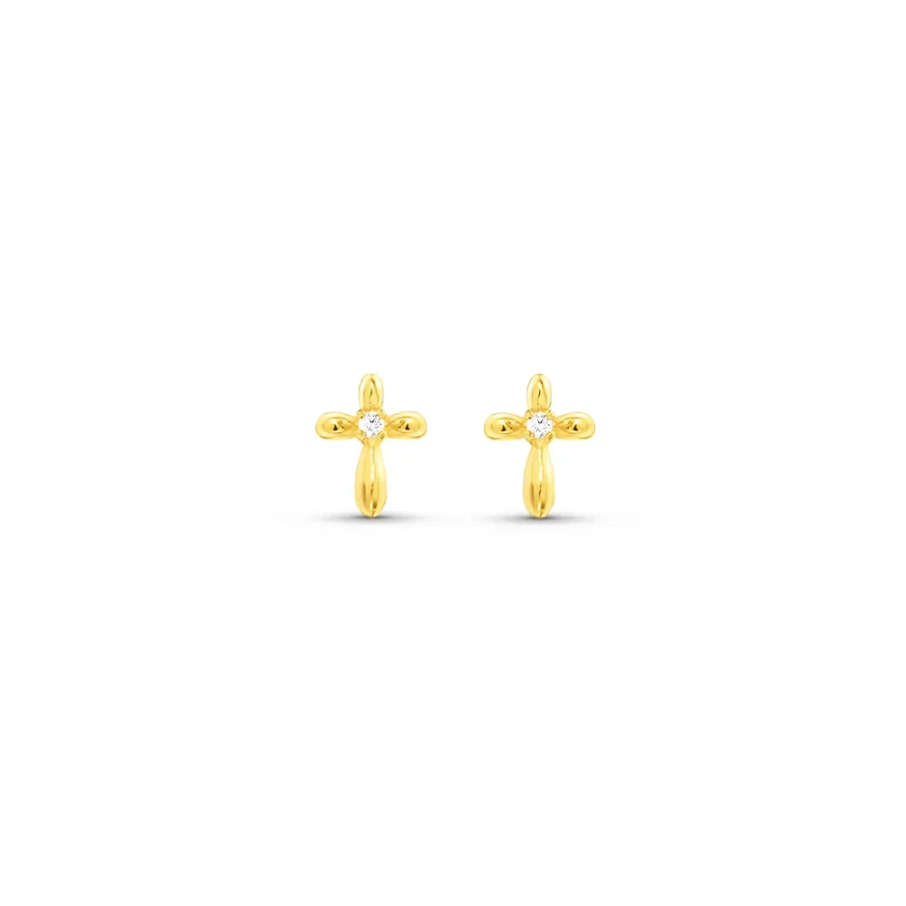 Brinco Life Petit Cruz Prata Banho Ouro Amarelo Cravejado