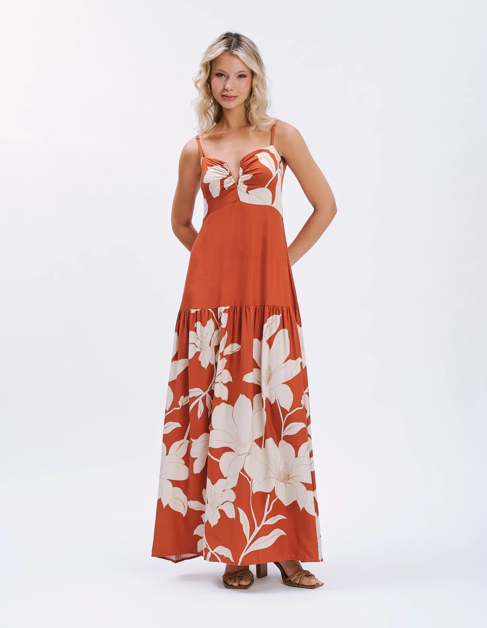 Vestido Longo Alça Estampado Maxi Floral - Terracota — imagem 1