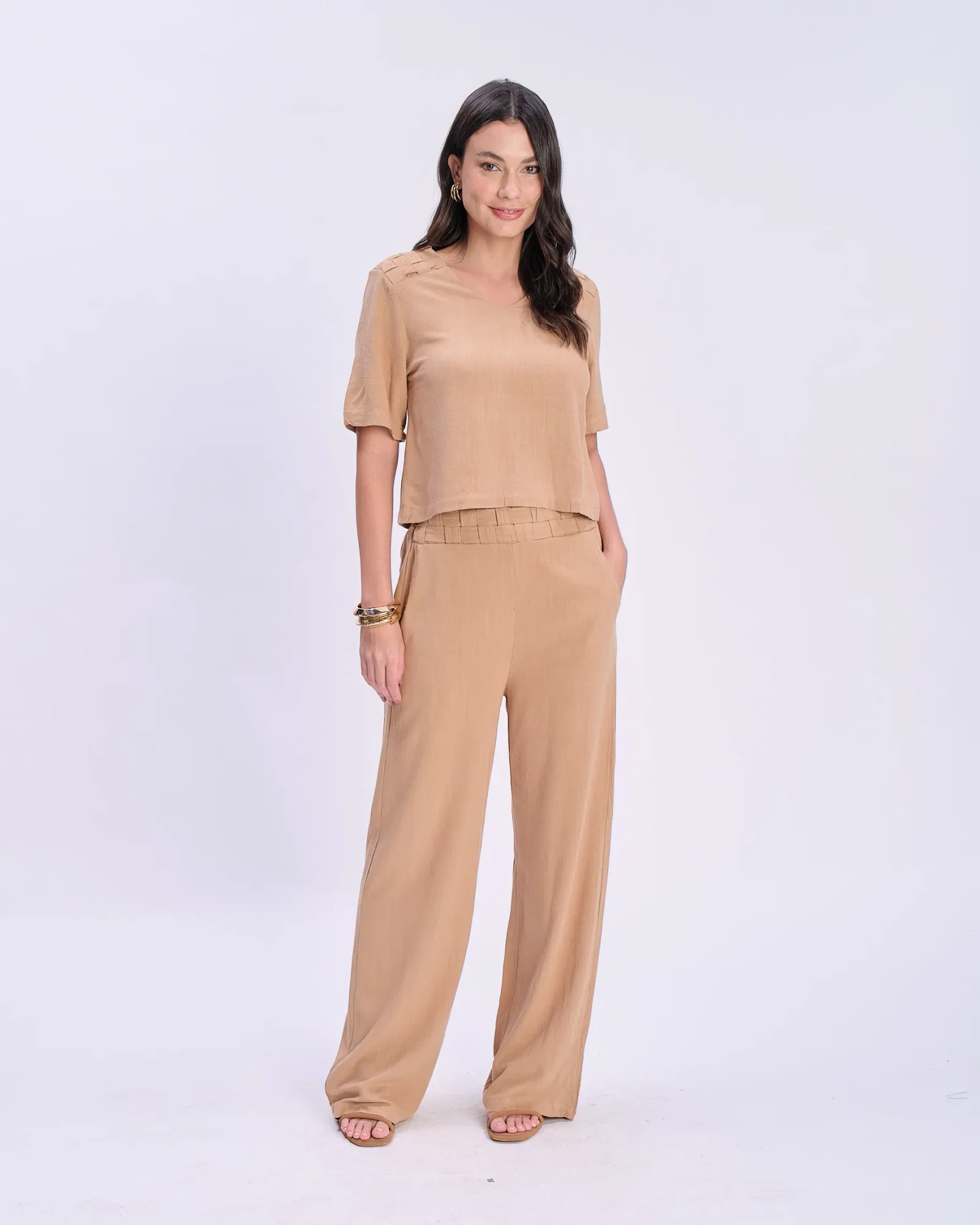 Calça Pantalona Linho Cós Tramado - Bege — imagem 1