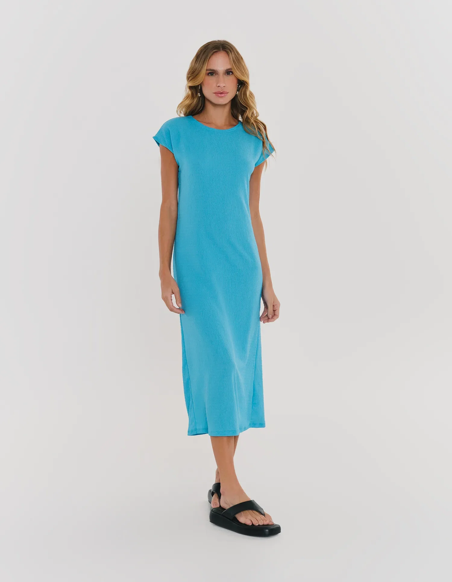 Vestido Midi Malha Texturada - Azul Ceu