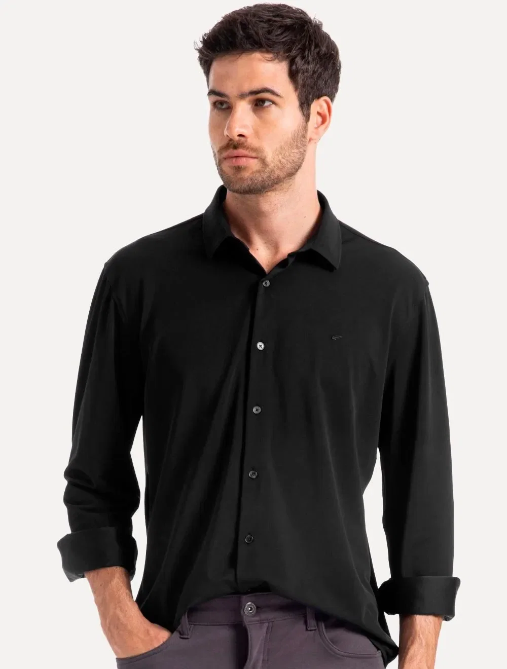 Camisa Ellus Masculina Tricoline LY Slim Preta
