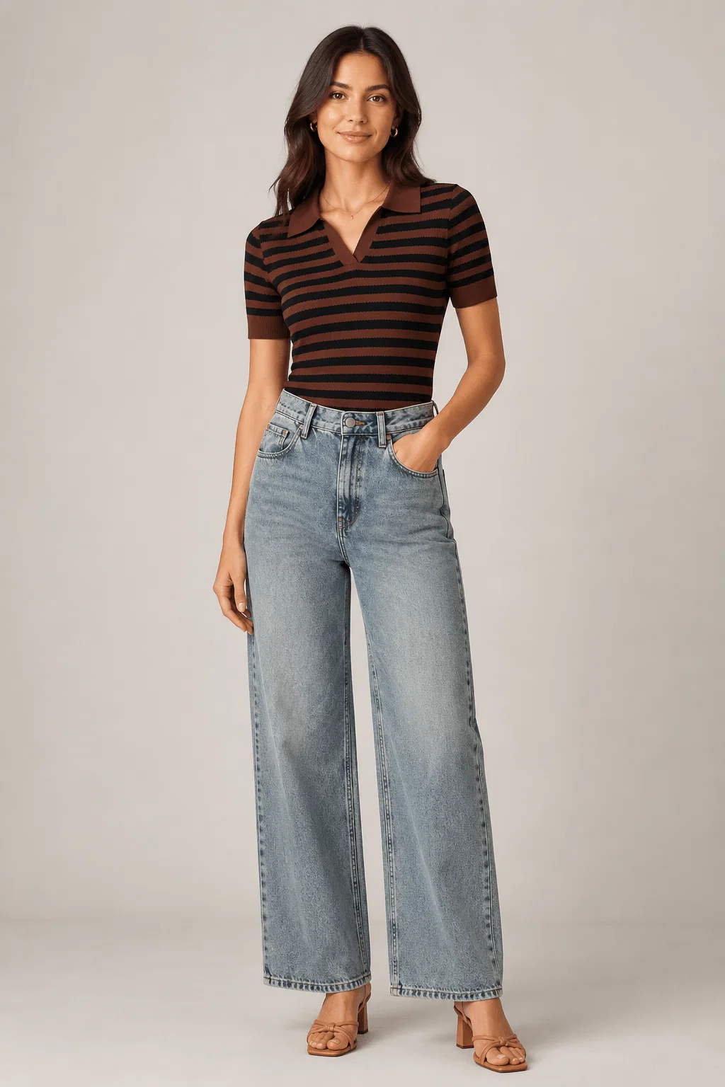 Blusa Tricot Listrada Gola Polo - Marrom C/ Preto — imagem 1