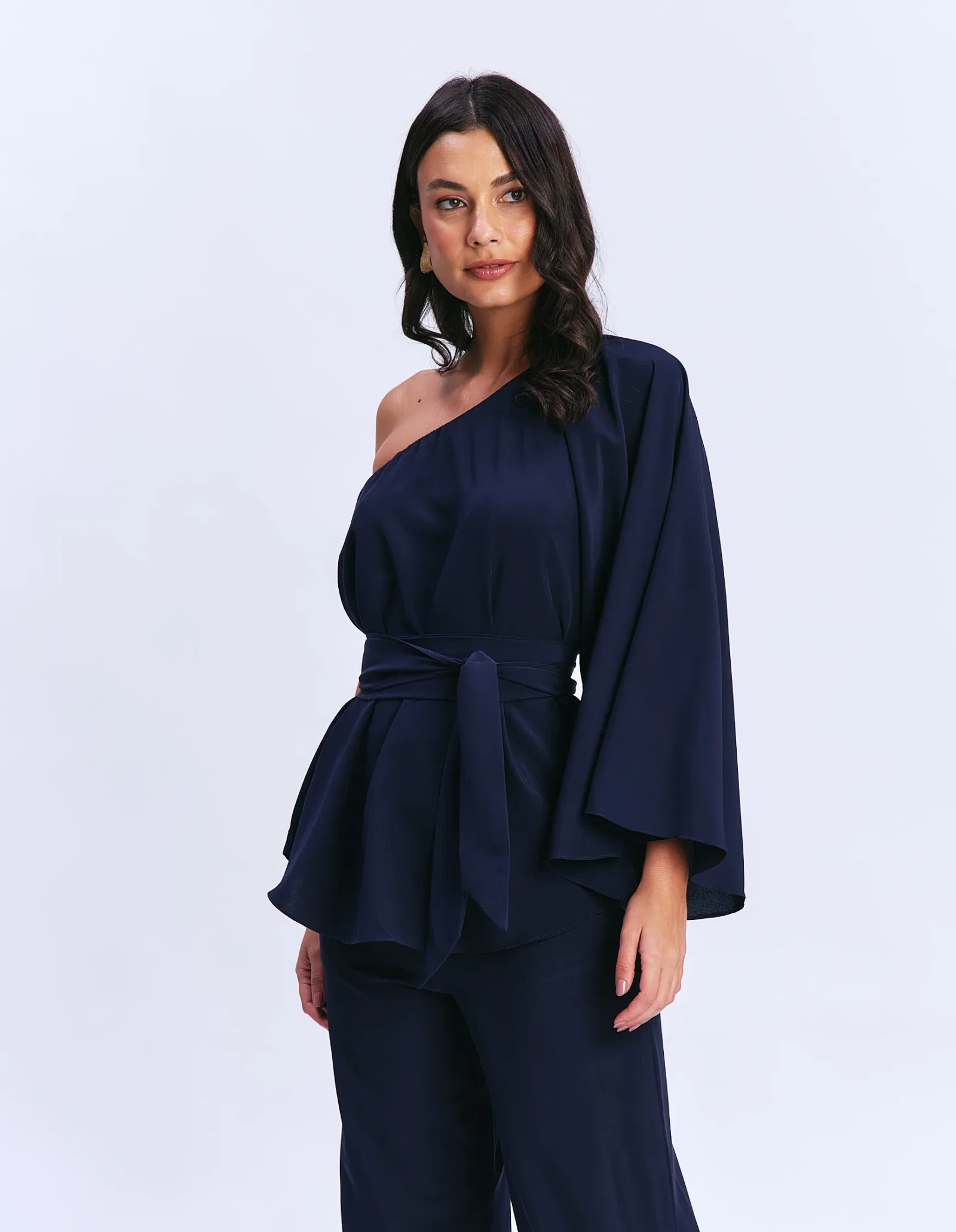 Blusa Ombro Só Com Faixa Amarração - Azul Marinho — imagem 1
