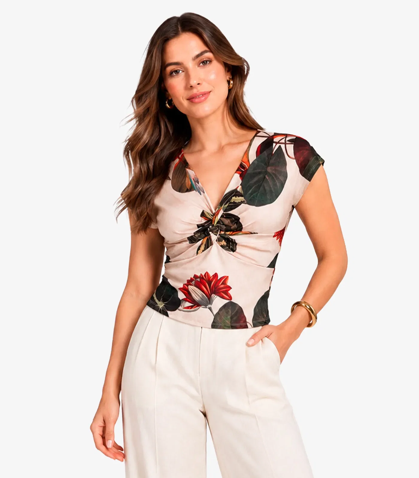 Blusa Feminina Estampada Decote Nó Donna Bege