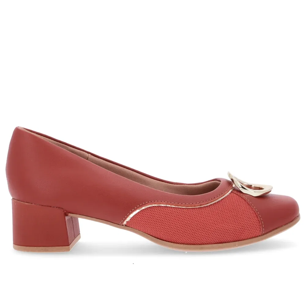 Scarpin Marrom Salto Bloco Couro Detalhe Dourado — imagem 1