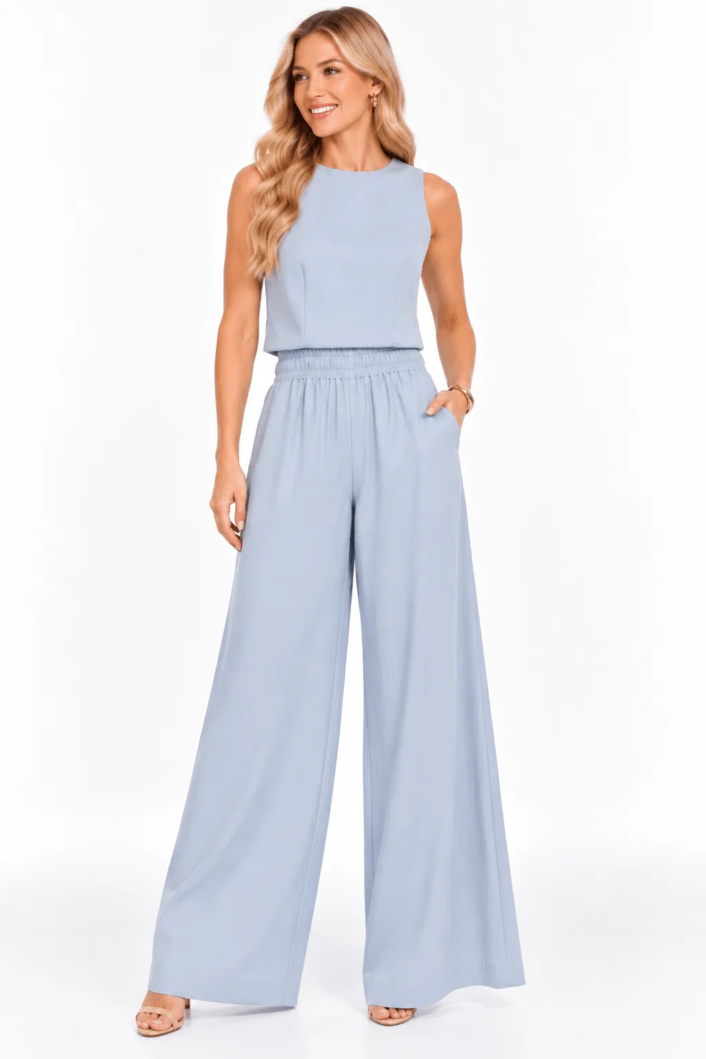 Calça Pantalona Cós Elástico - Azul — imagem 1