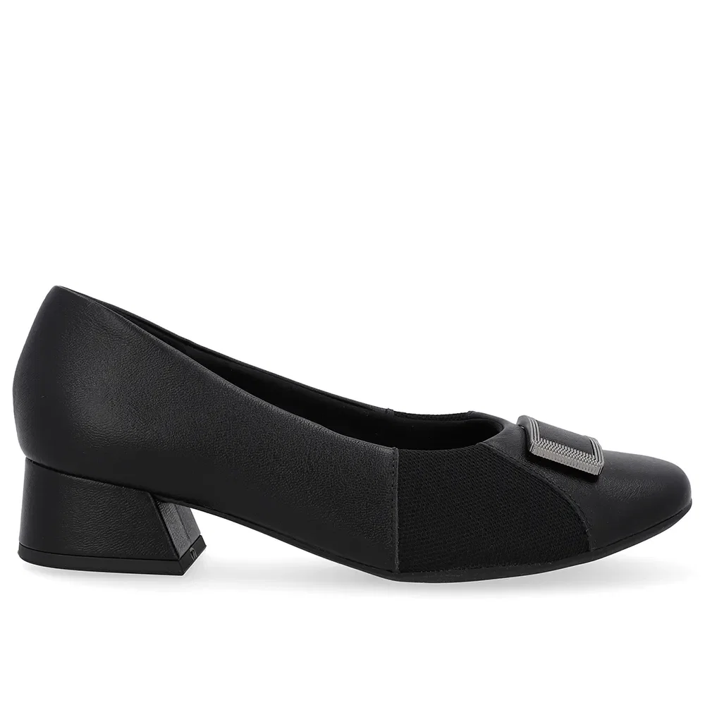 Scarpin Preto Salto Bloco Couro Lateral Tecido — imagem 1
