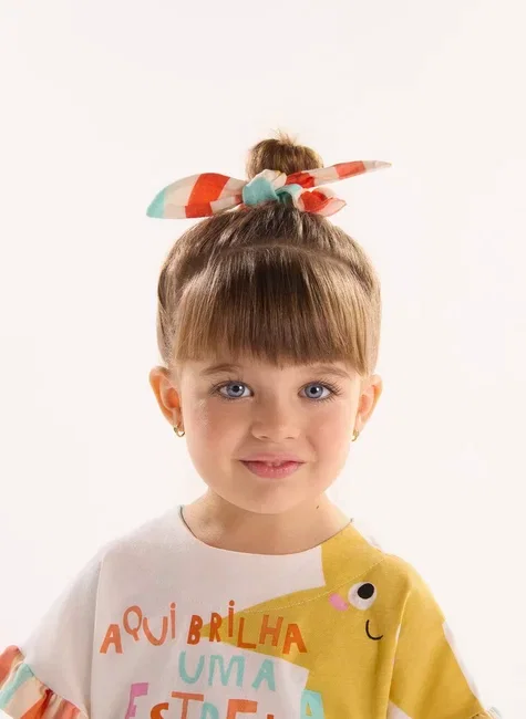 Amarrador de Cabelo Listrinhas Infantil em Viscolinho Off White | Três e Já