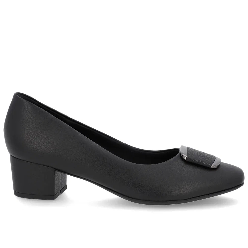 Scarpin Couro Preto Salto Bloco Enfeite