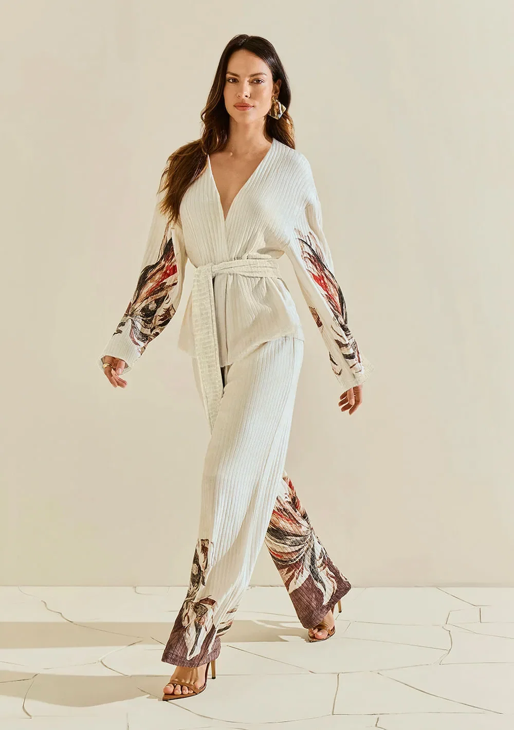 Kimono Morena Rosa Solto Manga Longa Alongado Off White