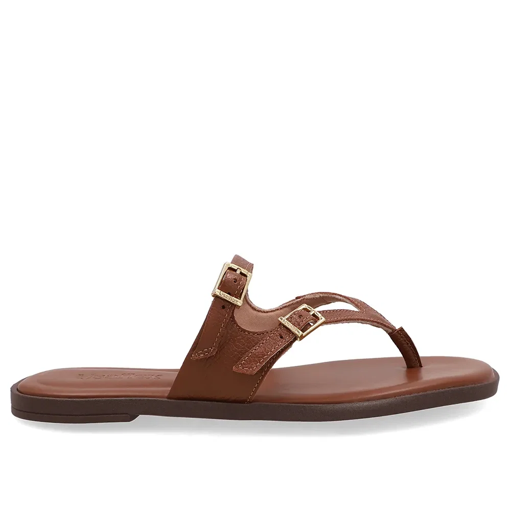 Chinelo Em Couro Marrom Avelã Com Fivelas