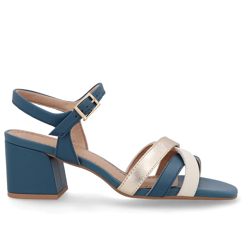 Sandália Couro Bico Quadrado Tiras Azul — imagem 1