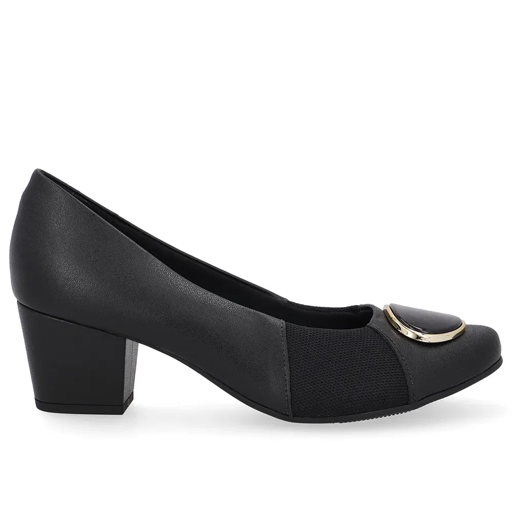 Scarpin Couro Preto Lateral Tecido