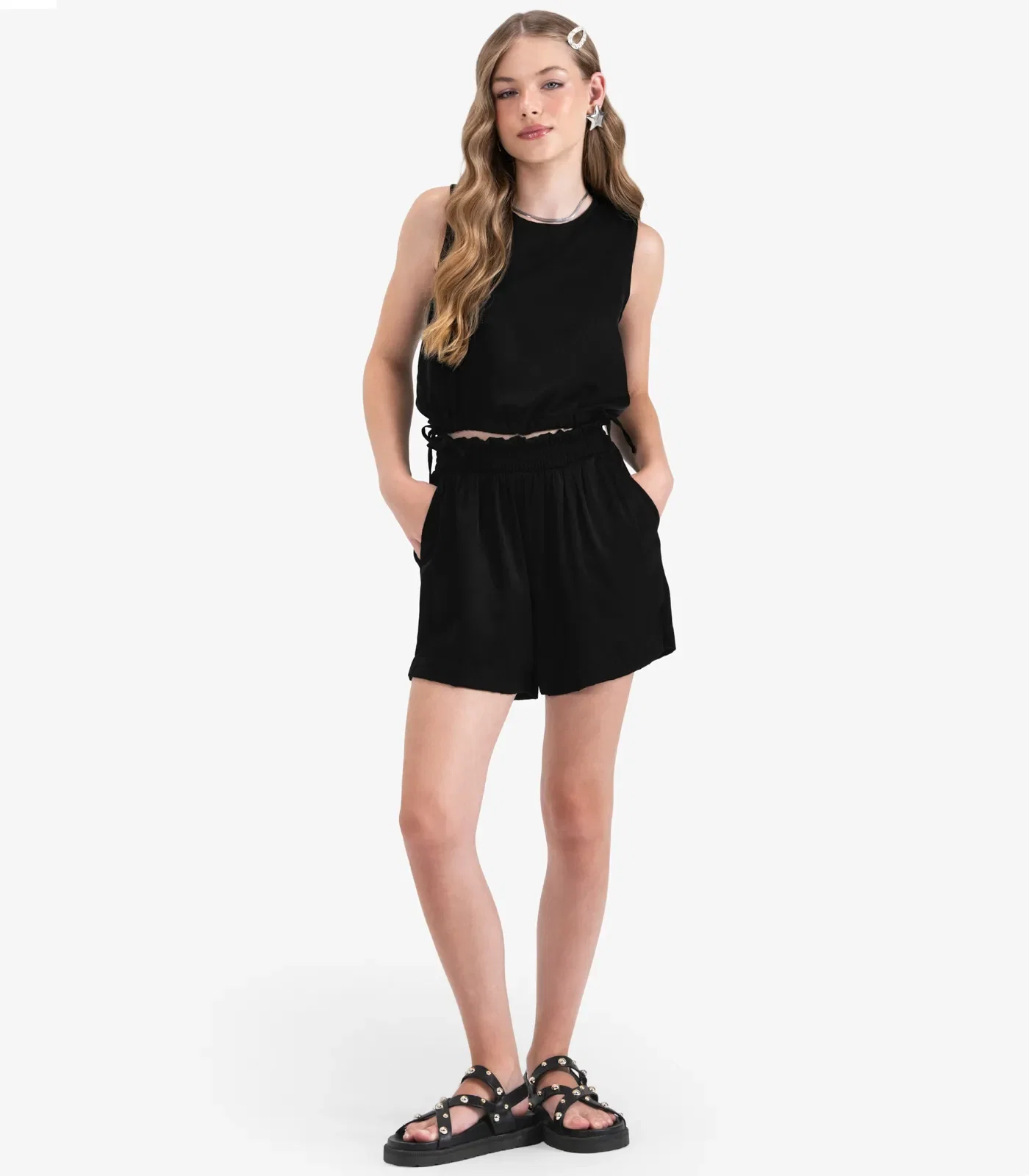 Shorts Juvenil Feminino em Slub Acetinado Minty Preto — imagem 1