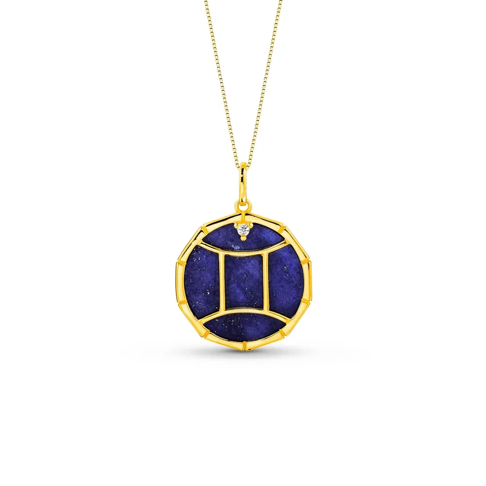 Pingente ZodíAço Gêmeos em Ouro Amarelo 18k com Lápis Lazuli e Safira Incolor, 17mm — imagem 1