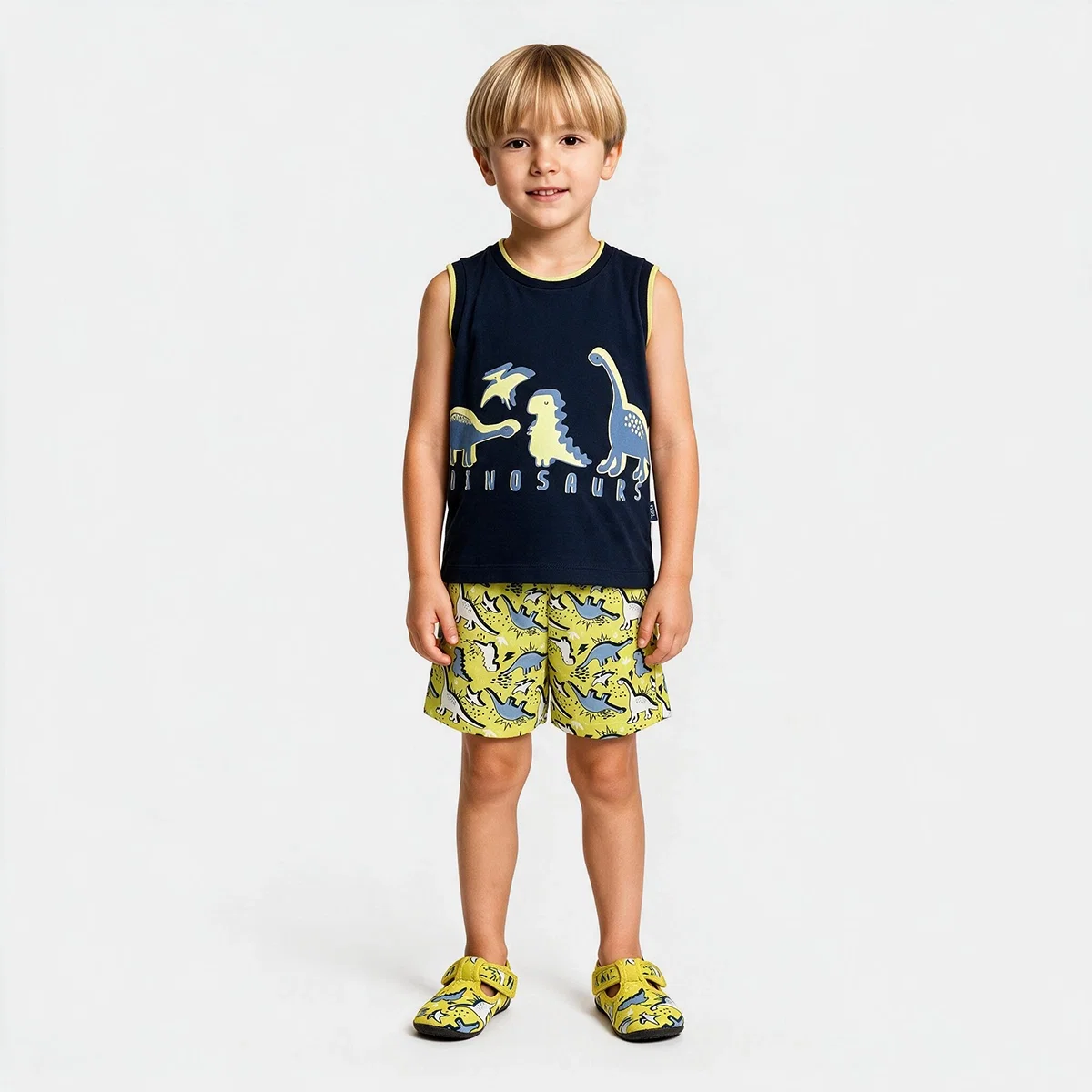 Camiseta Regata Kids Dinossaurs Meia Malha Tip Top