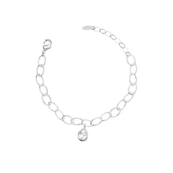 Pulseira Prata Leve Elos Grandes e Gota em Zircônia