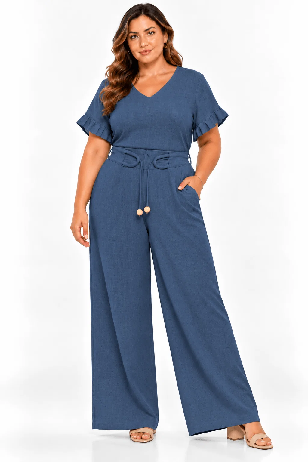 Calça Pantalona Detalhe Cós Corda - Azul — imagem 1