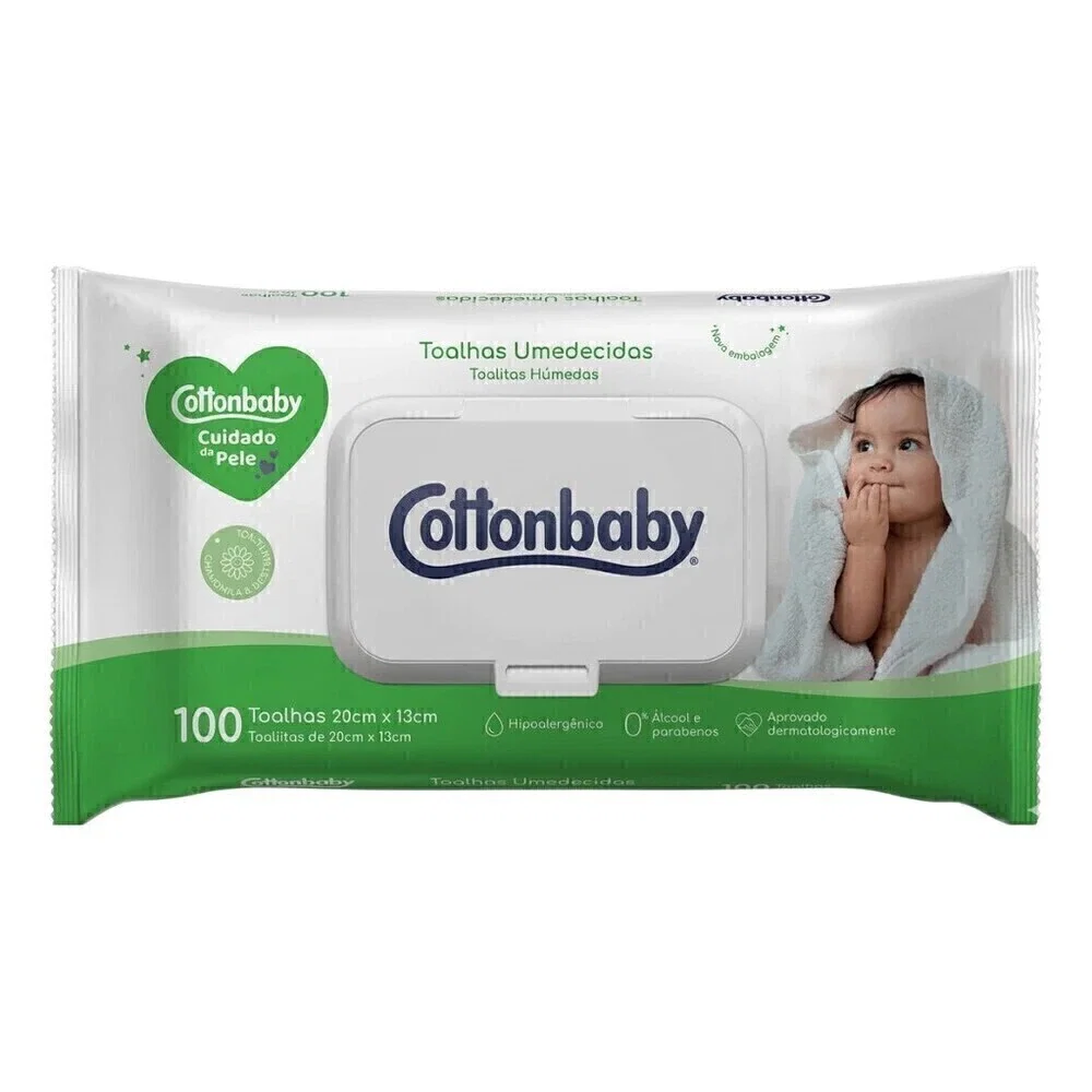 Toalhas Umedecidas Cottonbaby Fliptop Cuidado da Pele 100 Unidades