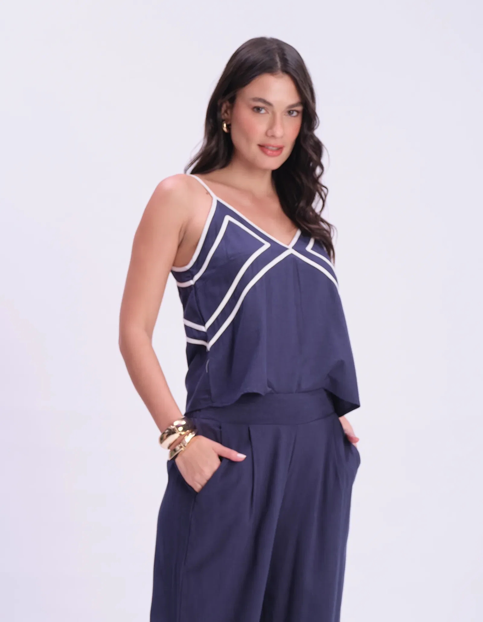 Blusa Alça Fina Detalhe Bicolor - Azul Marinho