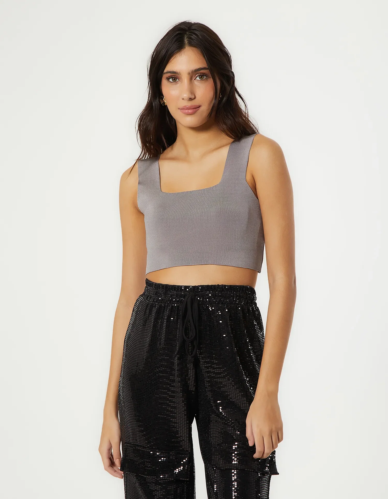 Blusa Tricot Cropped Decote Quadrado - Grafite — imagem 1