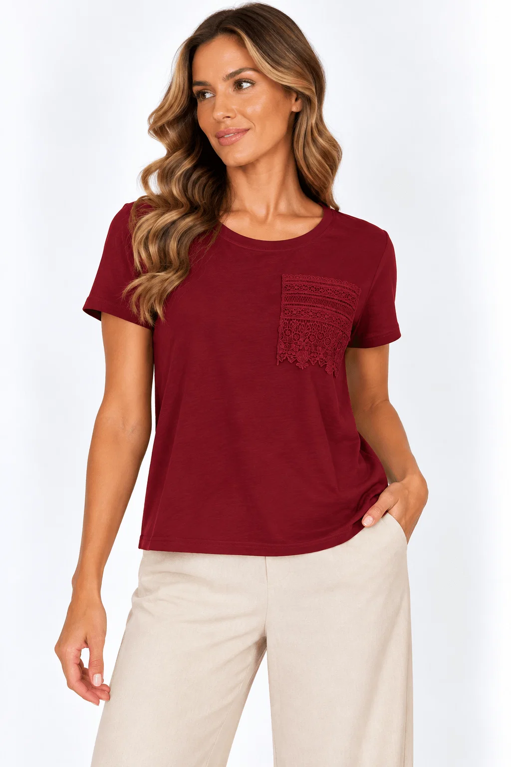 Blusa Bolso Renda Com Detalhe - Vinho