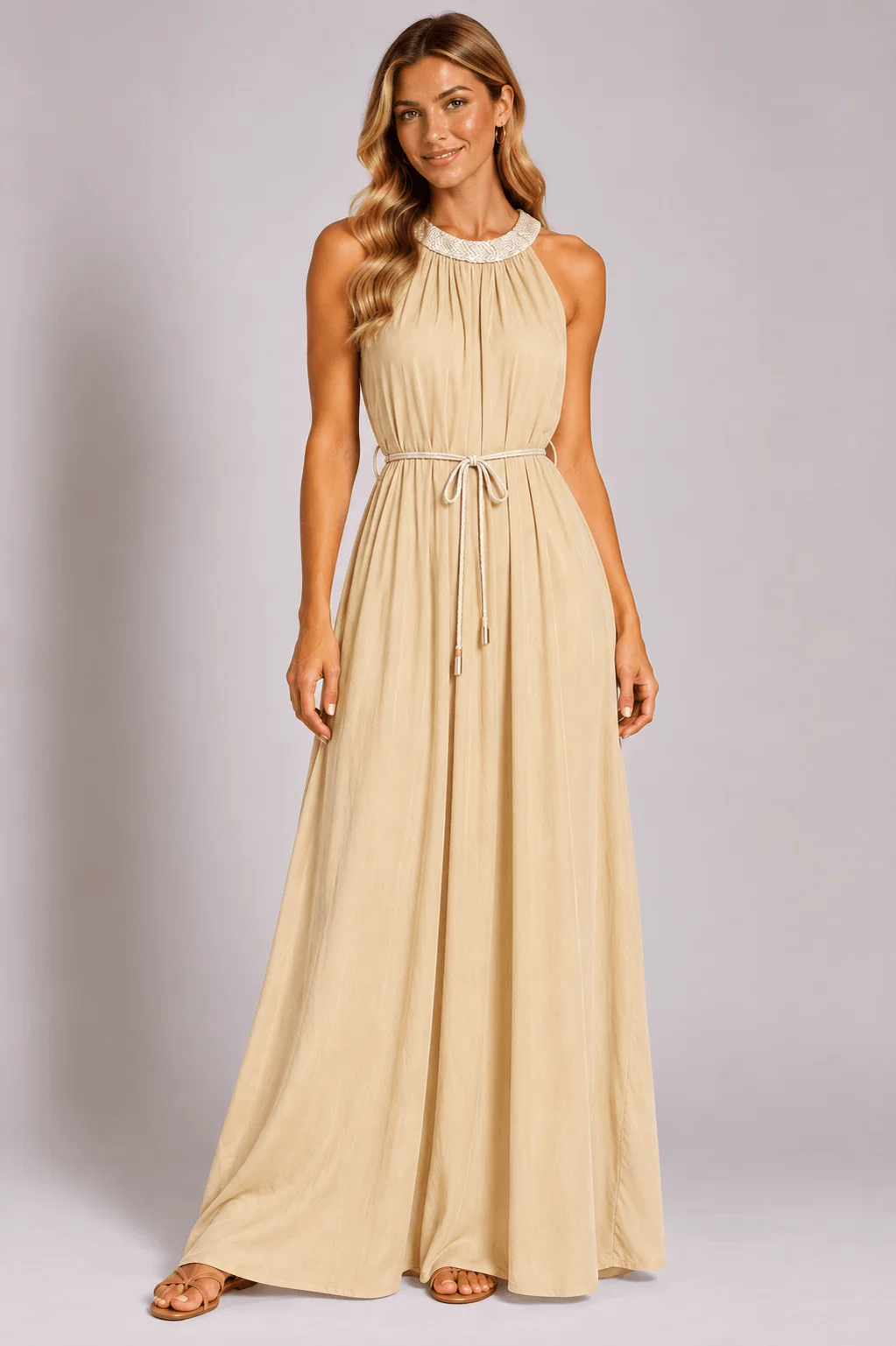 Vestido Detalhe Decote Bordado Com Cinto - Amarelo
