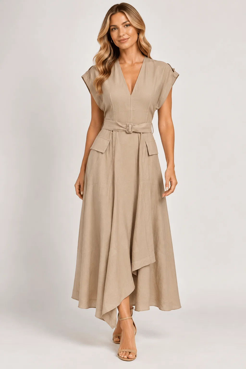 Vestido Midi Decote v Cinto Faixa - Areia